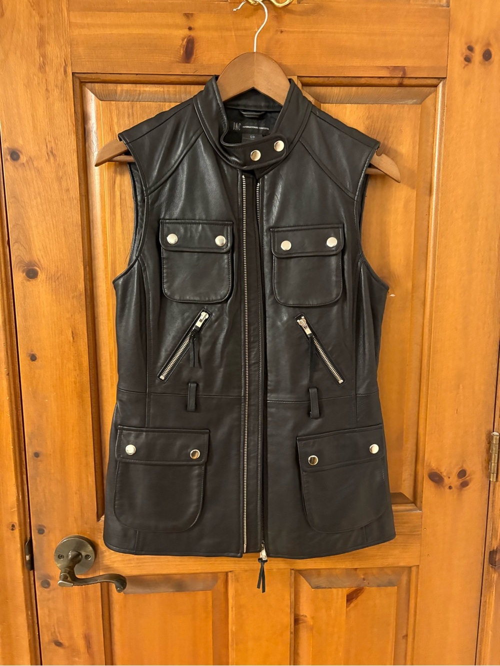 INC International Concepts Black Leather Pocketed Moto Vest